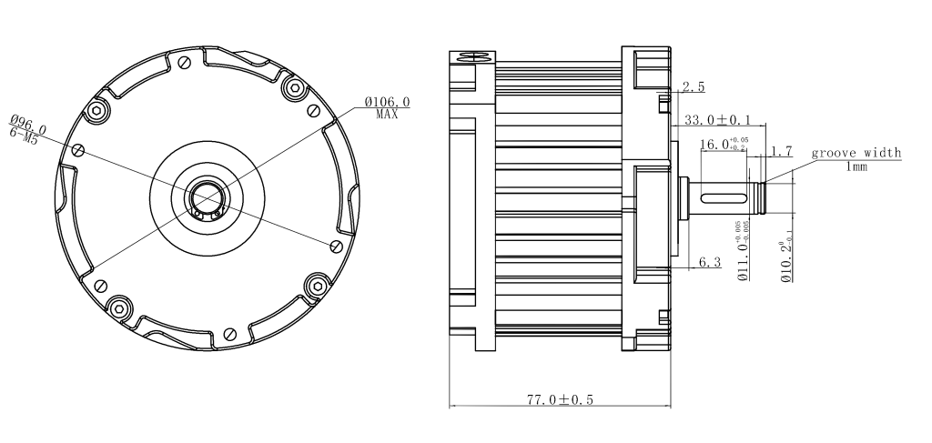 Dimensional drawing of 36V brushless DC motor with 106mm outer diameter for electric bike and power tool applications