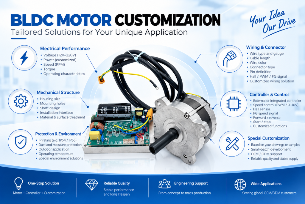 Custom BLDC motor with voltage power speed shaft wiring IP rating and controller options