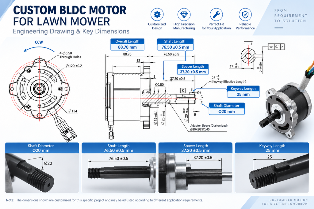 Custom BLDC motor shaft dimensions for lawn mower