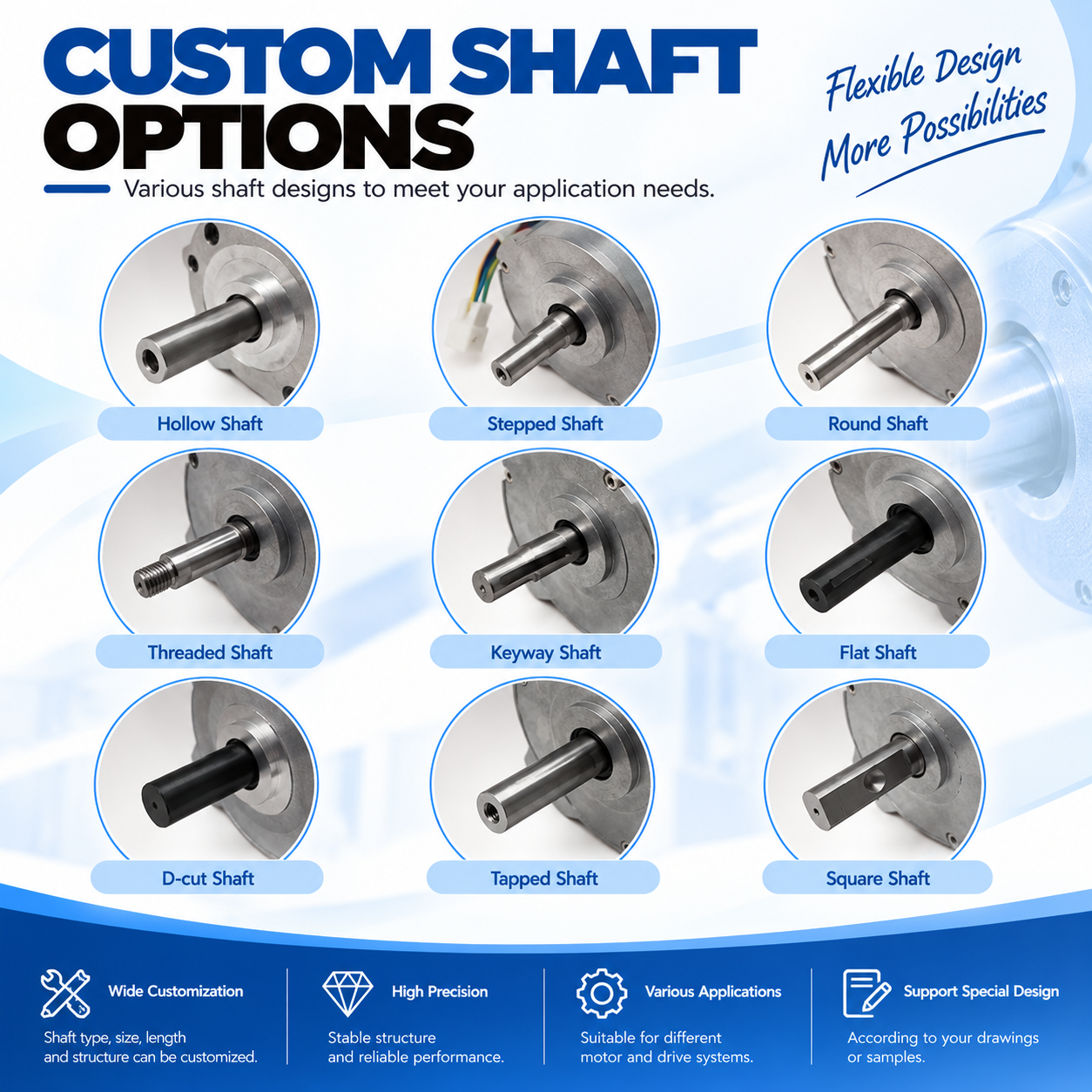 Custom BLDC motor shaft options including hollow threaded keyway D-cut and special shafts