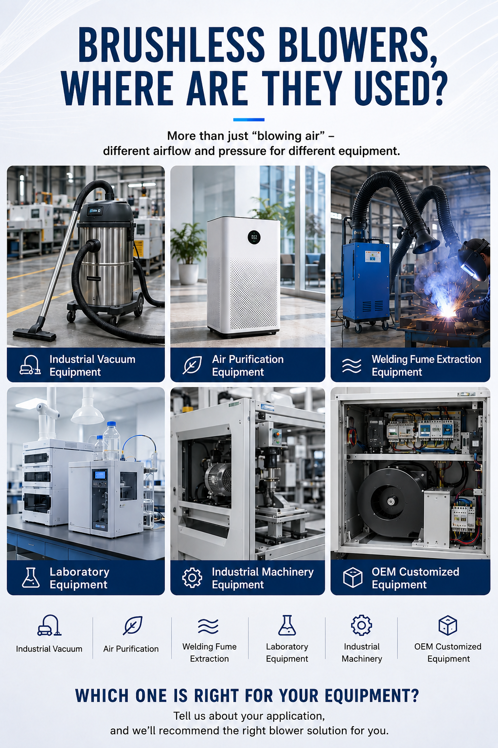BLDC blower applications in industrial vacuum, air purification, fume extraction, laboratory and industrial equipment